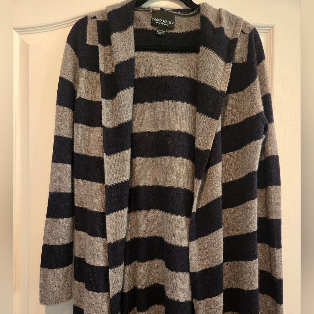 Cynthia Rowley Striped Open-Front Cashmere Cardigan in Navy & Gray